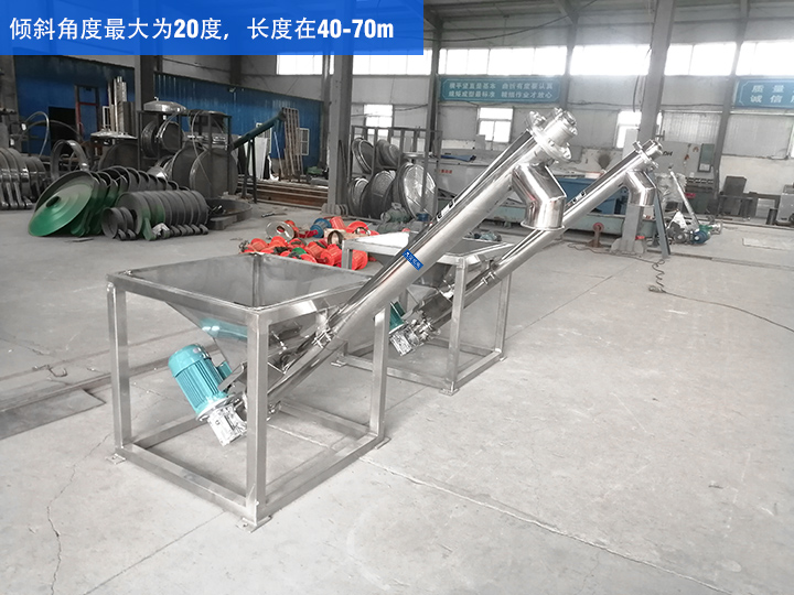 GX型絞龍輸送機傾斜角度最大為20度，長度在40-70m